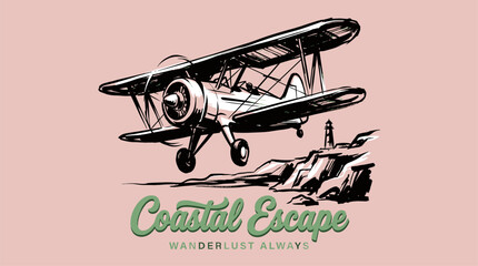 Vintage biplane flight. Coastal escape adventure. Retro aviation t shirt design. © pandu