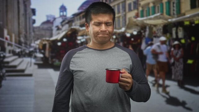 Man holding red mug, wincing after tasting coffee on a crowded street market with a doubtful expression; uncertainty reflection.