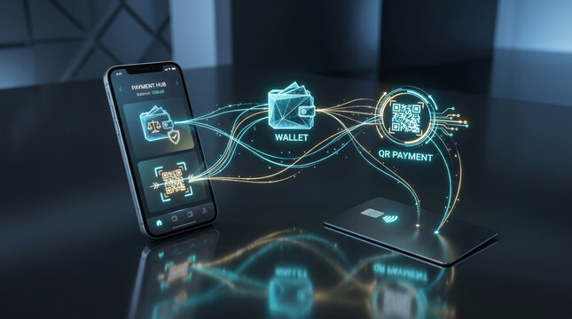 Futuristic payment ecosystem concept featuring smartphone payment, digital wallet, contactless card and QR transaction symbols connected by glowing lines, modern financial technology visualization