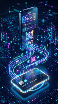 Futuristic payment ecosystem concept featuring smartphone payment, digital wallet, contactless card and QR transaction symbols connected by glowing lines, modern financial technology visualization