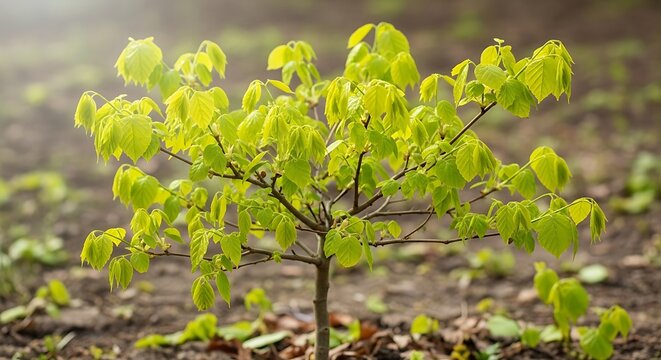 A small tree with vibrant green leaves stands alone