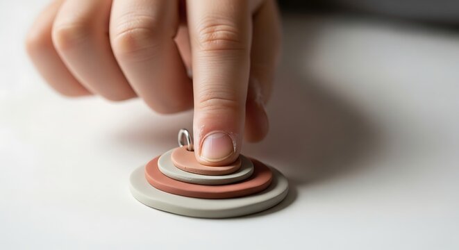 Human finger pressing down on layered circular clay jewelry components