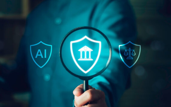 Regulatory compliance, legal protection, risk management, banking, trust and digital governance. Business professional examining AI governance and financial security through a magnifying glass.