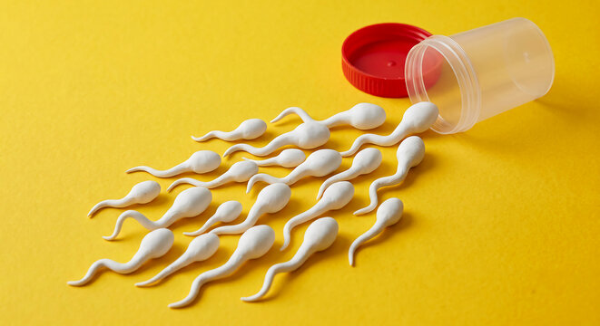 White sperm models stream out from an overturned clear plastic medical specimen cup with a red lid, all resting on a bright yellow backdrop.