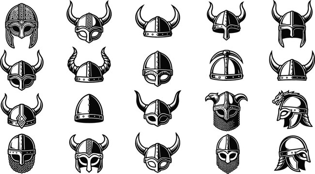Viking Helmet Icon Set with Horned Warrior Headgear and Medieval Nordic Knight Armor Symbols for Graphic Design Elements