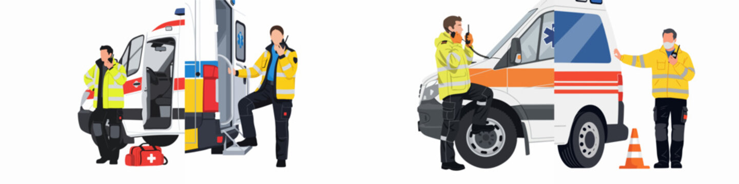 Flat vector illustration set of emergency responders and paramedics in yellow high-visibility uniforms communicating via radios next to an ambulance on white background.