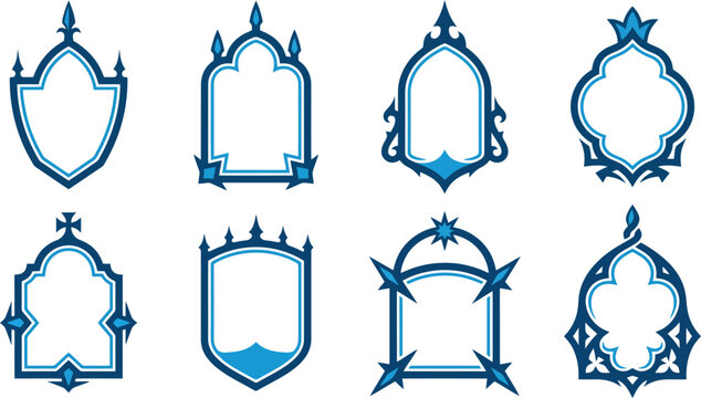 Gothic Heraldic Shield Frame Vector Set with Ornate Blue Borders for Medieval Branding, Fantasy Gaming & Vintage Logo Design (EPS)