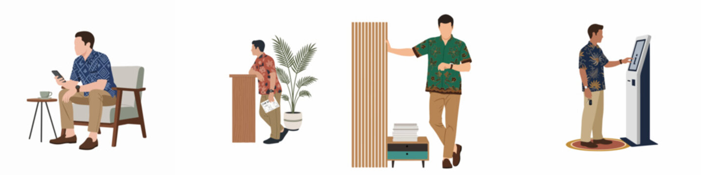Flat vector illustrations of men wearing traditional Indonesian batik shirts in various lifestyle scenarios, including waiting, using a smartphone, and interacting with a kiosk.
