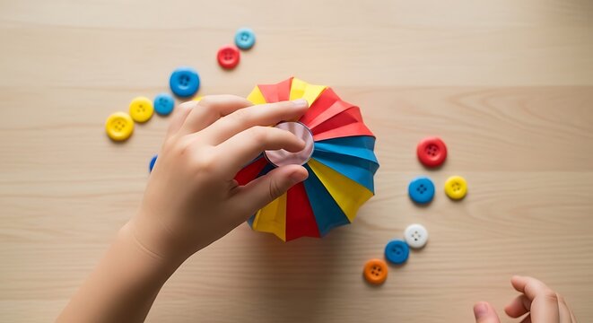 Child playing with colorful paper craft and small plastic buttons