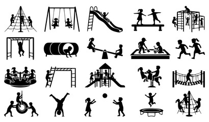 Premium children playground silhouette vector collection with kids playing on swings slides ladders and climbing equipment for outdoor recreation isolated on white © MdShojib