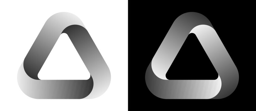 Penrose triangle impossible geometry logo icon with grayscale gradient ribbon on white and black backgrounds, ideal for technology branding, innovation startups, and creative agency design.
