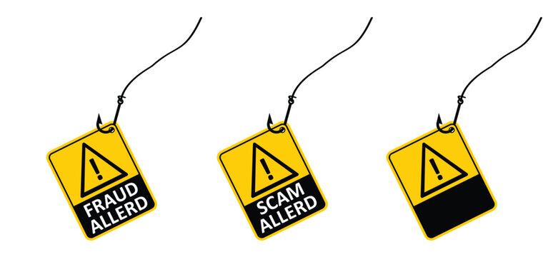 Fraud allerd, hacker alert and scam allerd. Attention sign. Cyber security and fishhook icon. Caution warning, fish hook concept. E-mail phishing, data protection on mail or internet.
