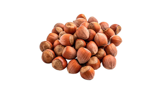Pile of dry organic raw whole unpeeled hazelnuts gathered together isolated on transparent background