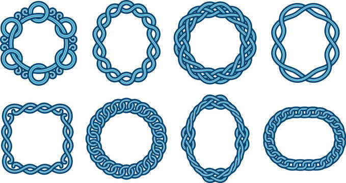 Blue Nautical Rope Knot Circular and Oval Frame Vector Set for Maritime Branding, Wedding Invitations & Decorative Border Design (EPS)