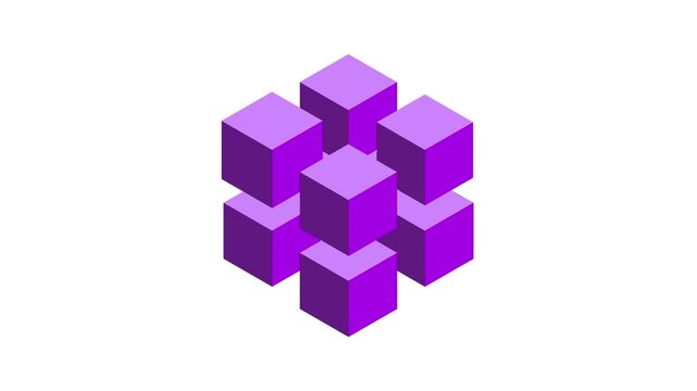 Isometric modular cubes abstract purple video features geometric rotation. Animation visualizes digital blockchain structure. 4k resolution.