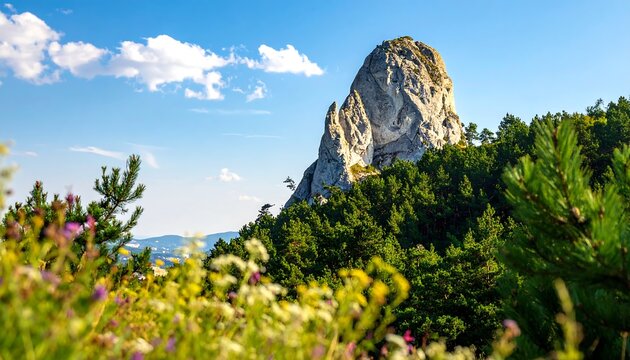 Rocky Limestone Peak Rising Above Green Forest in Sunny Mountain Landscape