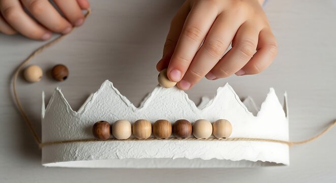 Child hands decorating a white paper crown with wooden beads