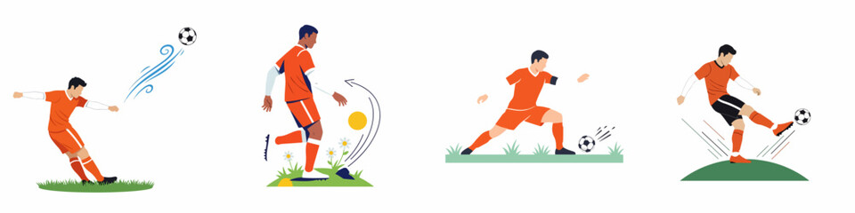 Flat vector illustration of soccer players in orange jerseys performing various actions like kicking, shooting, and dribbling on a white background. © Muqodimatul