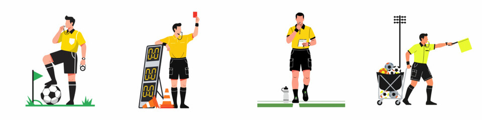 Set of four soccer referee characters performing different actions like blowing whistle, showing red card, and holding flag on white background. © Muqodimatul