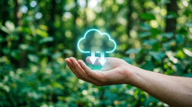 Hand holding cloud download icon on green nature forest background - Digital technology, cloud computing and data transfer concept in environmental natural setting