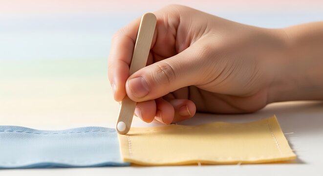 Hand using a wooden stick to apply glue on fabric