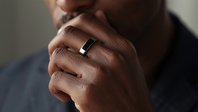 Closeup of a mans hand with a modern ring, showing contemplation or deep thought