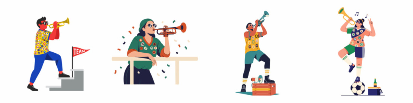 Diverse enthusiastic sports fans celebrating with trumpets, flags, and soccer equipment, wearing outfits with badges and supporting their favorite team.