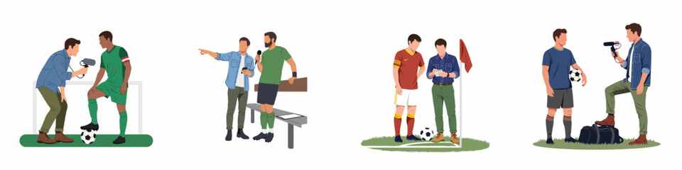 Flat vector illustration set of a male reporter interviewing various professional soccer players in different stadium locations on a white background. © Muqodimatul