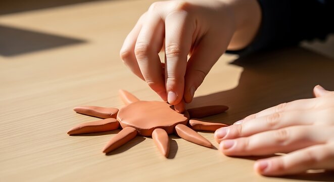 Child hands crafting a small sun shape from brown clay