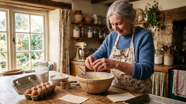 Senior woman carefully cracking an organic egg while baking homemade cake, rustic kitchen, warm morning light, authentic lifestyle, realistic photography