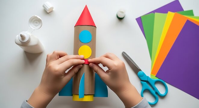 Child hands building a colorful paper rocket craft project activity