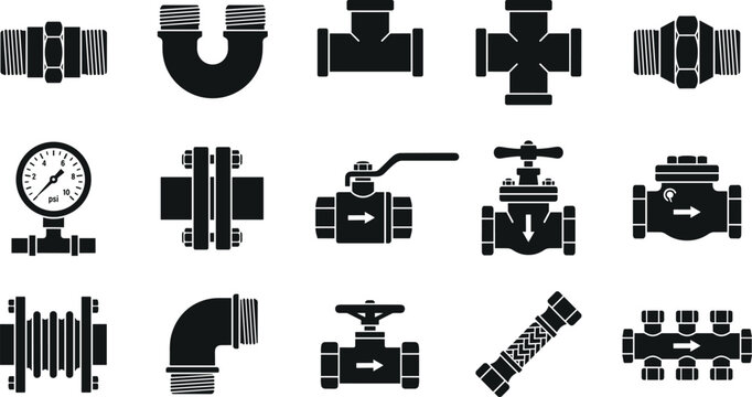 Industrial plumbing pipe fittings silhouette icon set featuring valves connectors and pressure gauges,