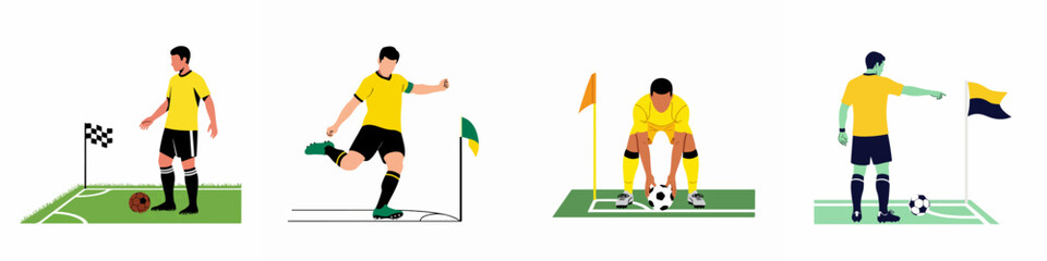 Collection of flat vector illustrations depicting soccer players in yellow uniforms performing corner kicks during a football match. © Muqodimatul