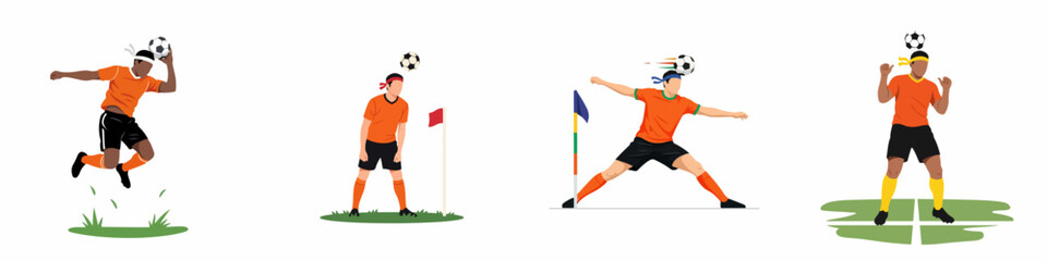 Set of four illustrations showing soccer players in orange kits performing various heading techniques and actions on a white background. © Muqodimatul