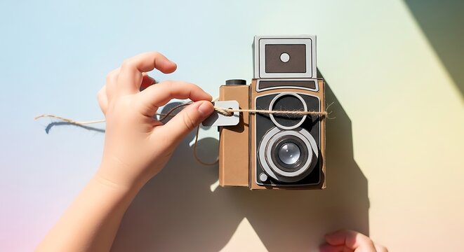 Child hand holding string attached to a crafted cardboard camera