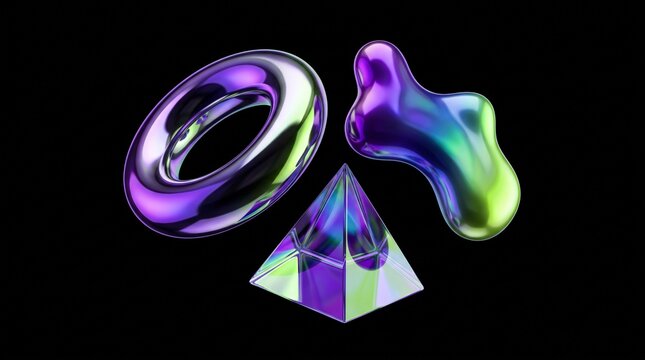 Abstract 3D Floating Geometric Elements with Iridescent Gradients
