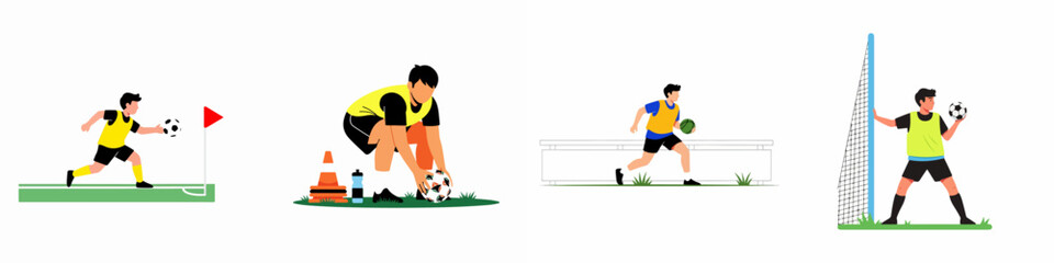 Set of four flat vector illustrations featuring young male soccer players in various training drills, including goal preparation, throw-ins, and agility exercises. © Muqodimatul