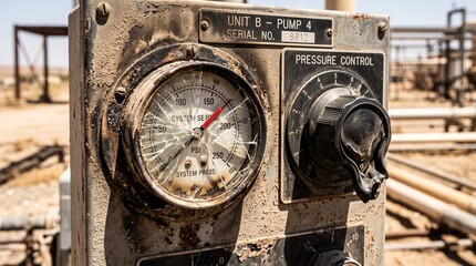 Fototapeta premium Creative Rusty industrial pressure gauge, vintage control panel, oil rig equipment, pressure switch 2k