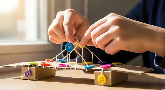 Child building a colorful bridge model using cardboard and buttons