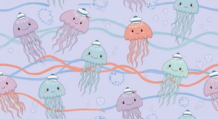 Fototapeta premium Whimsical cartoon jellyfish swimming in vibrant underwater scene with coral
