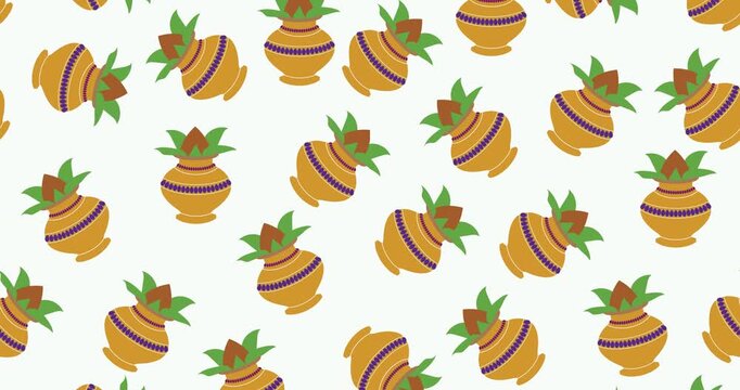 A seamless motion background featuring a repetitive pattern of traditional Hindu mangal kalash symbols with coconuts and mango leaves for auspicious festive celebrations.