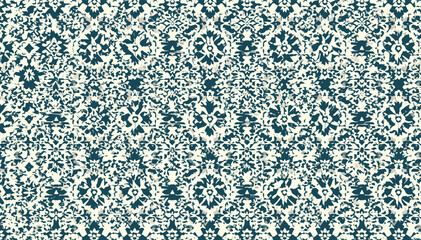 Intricate seamless pattern with abstract floral and geometric motifs in dark teal and off-white, resembling traditional textile designs. © Roma