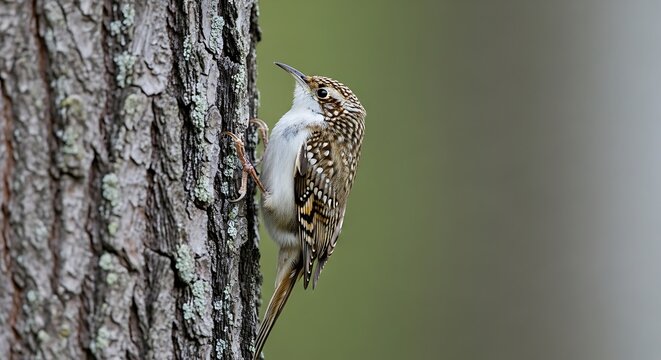 A small bird with brown, white, and black feathers clings to the side of a tree