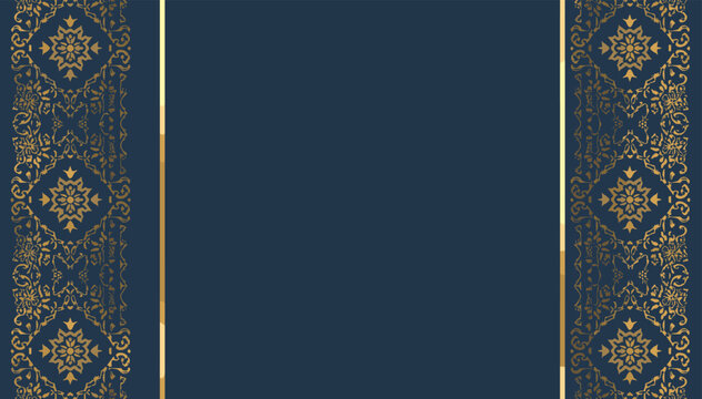 Elegant dark blue background with ornate golden damask pattern borders and thin metallic lines.