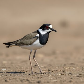 A small bird with white, black, and brown feathers stands on one leg on dry ground