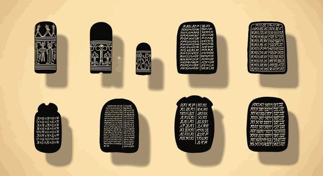 Ancient stone tablets with cuneiform and hieroglyphic carvings, archaeological artifact collection of 9 vector elements, antique clay slabs with mysterious script