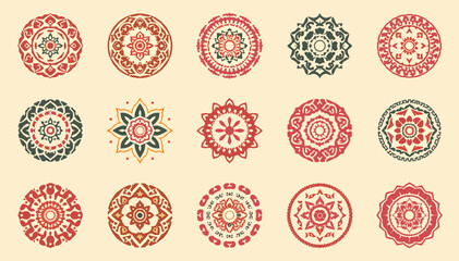 Collection of intricate circular mandala patterns with ethnic and bohemian motifs in warm colors. © Roma