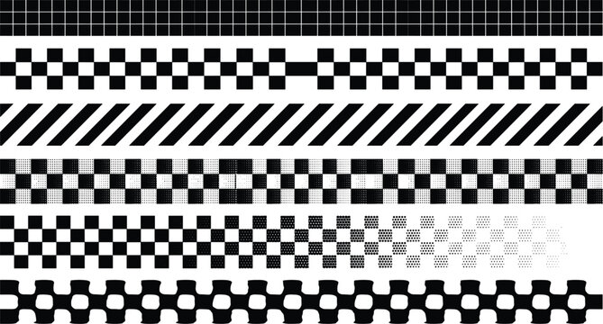 Geometric seamless ribbon borders set with checkerboard racing flags stripes hazard lines abstract repeating patterns vector
