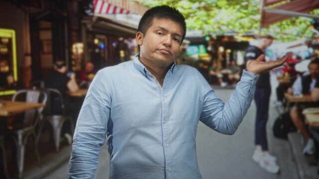 Man in blue shirt shrugs with palm up and closed eyes while standing at a busy street cafe with outdoor tables and chairs; casual indifference.