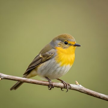 A small bird with yellow and gray feathers perches on a branch